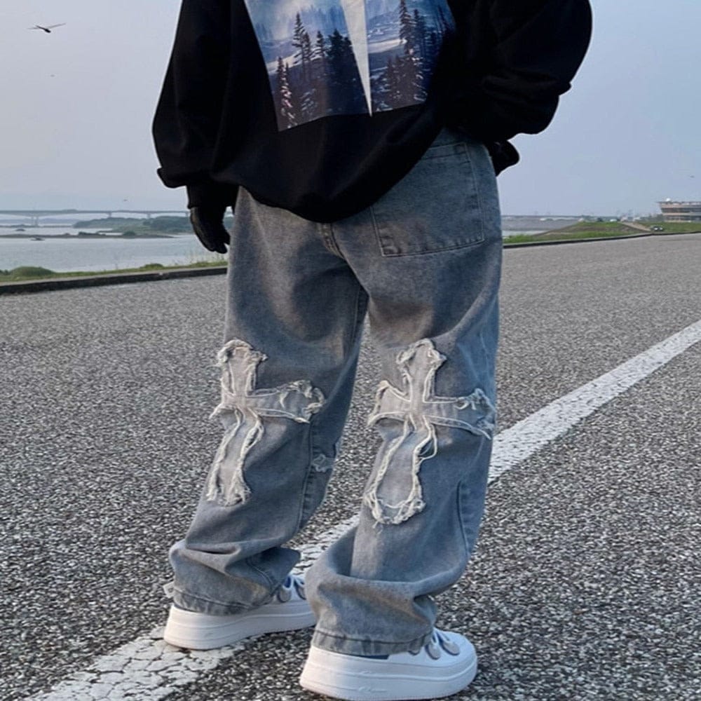 Men’s Goth Cross Denim Loose Jeans