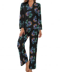 Women’s Blue Floral Skull Long-Sleeve 2 Piece Sleepwear Pajama Set