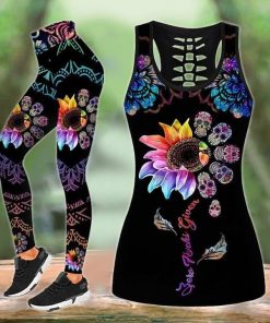 Women’s Skull Mandala Flower Rainbow Legging and Hollow Tank Top Set