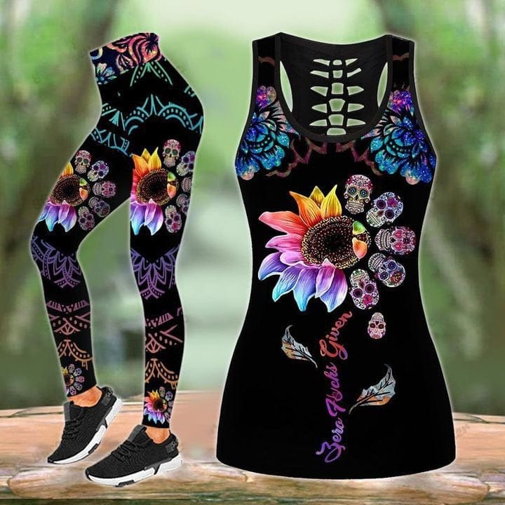 Women’s Skull Mandala Flower Rainbow Legging and Hollow Tank Top Set