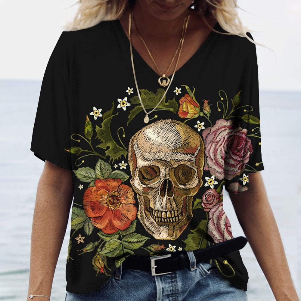 Women’s Vintage Skull Head Floral Print Short Sleeve T Shirt