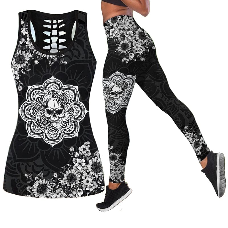 Skull Mandala Print Sleeveless Yoga Tank Top Leggings Set