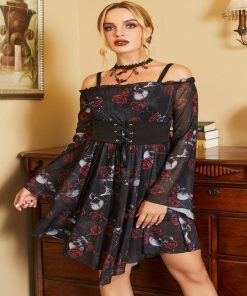 Gothic Skull Rose Print Flare Sleeve Off Shoulder Asymmetric Dress