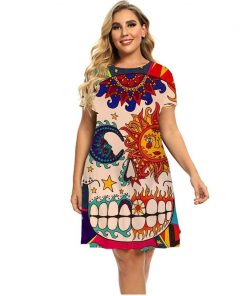 Woman’s Plus Size Skull Rose Floral Printed Casual Dresses 10 Patterns