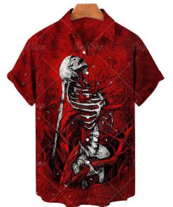 Men’s Red Loose Breathable Hawaiian Style Skull Print Short Sleeve Shirt
