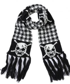 Skull Checkered Knitted Black White Long Scarve With Tassel