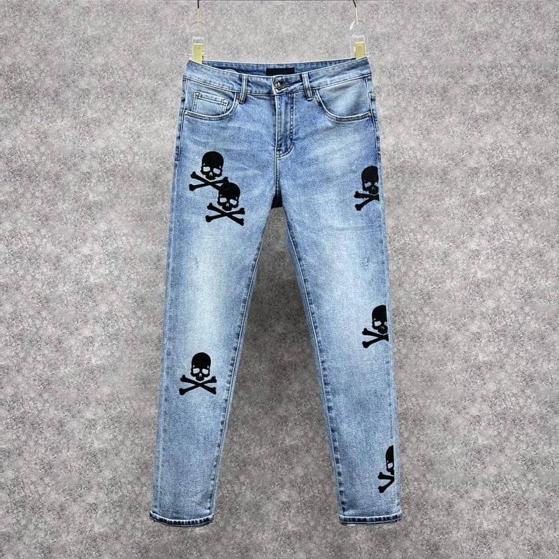 Skull Bone Embroidered Cotton Denim Casual Jeans