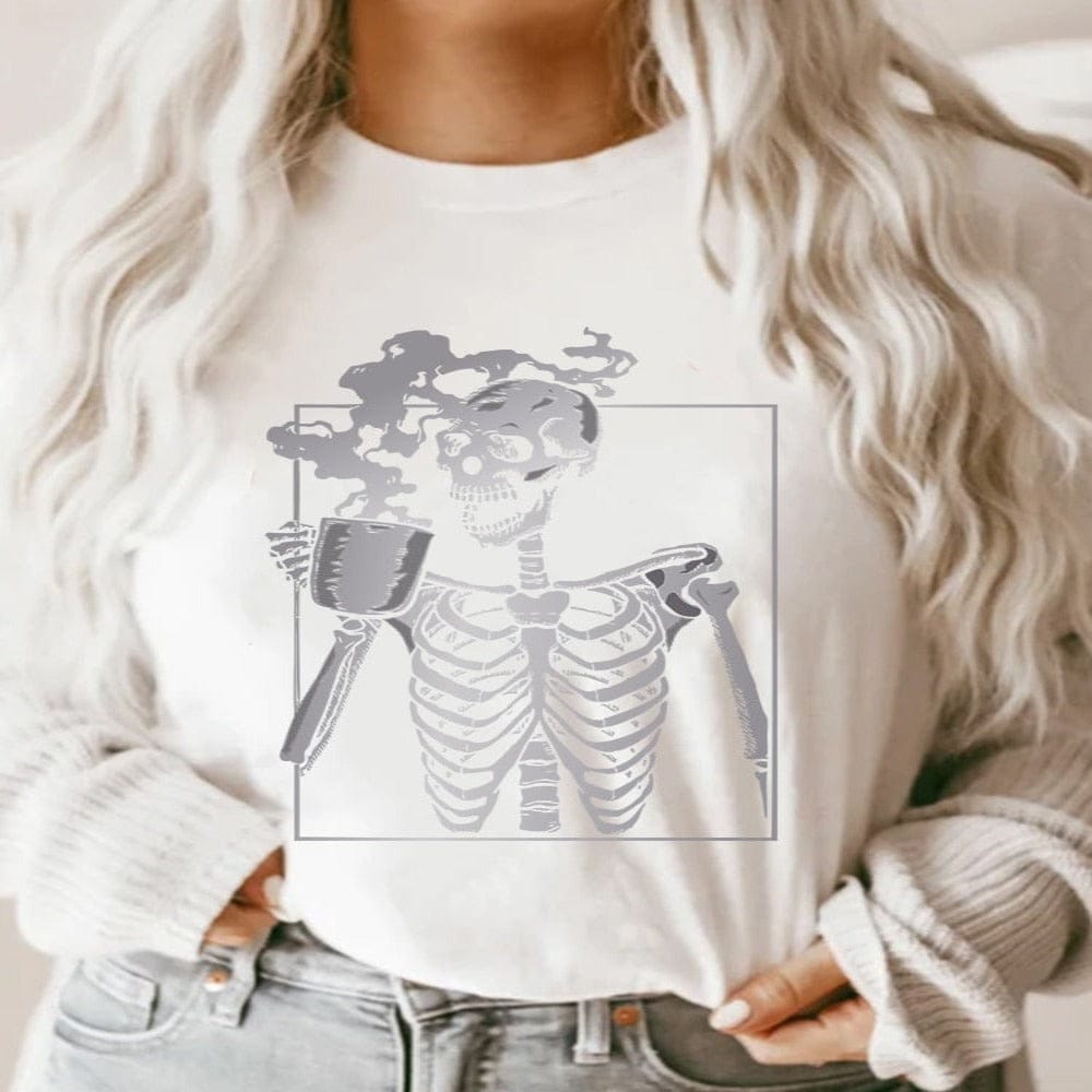 Skull Print Women’s Short Sleeve White Tee Shirts 17 Patterns