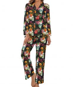 Women’s Skull Floral Crown Long-Sleeve 2 Piece Sleepwear Pajama Set