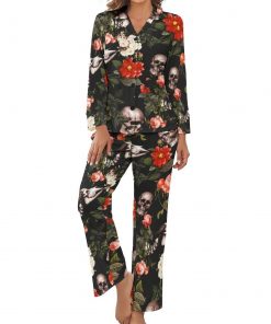 Women’s Skull Floral Long-Sleeve 2 Piece Sleepwear Pajama Set