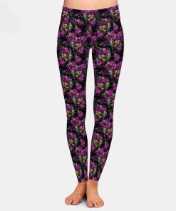 Skull Purple Floral Print Women’s High Waist Soft Stretch Leggings