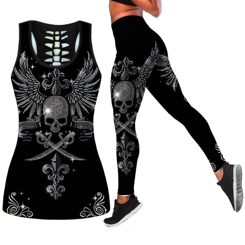 Skull Angel Wings Hollow Back Tank Top & Leggings Yoga Outfit