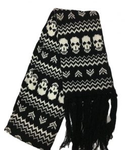 Skull Faces Knitted Black White Long Scarve With Tassel