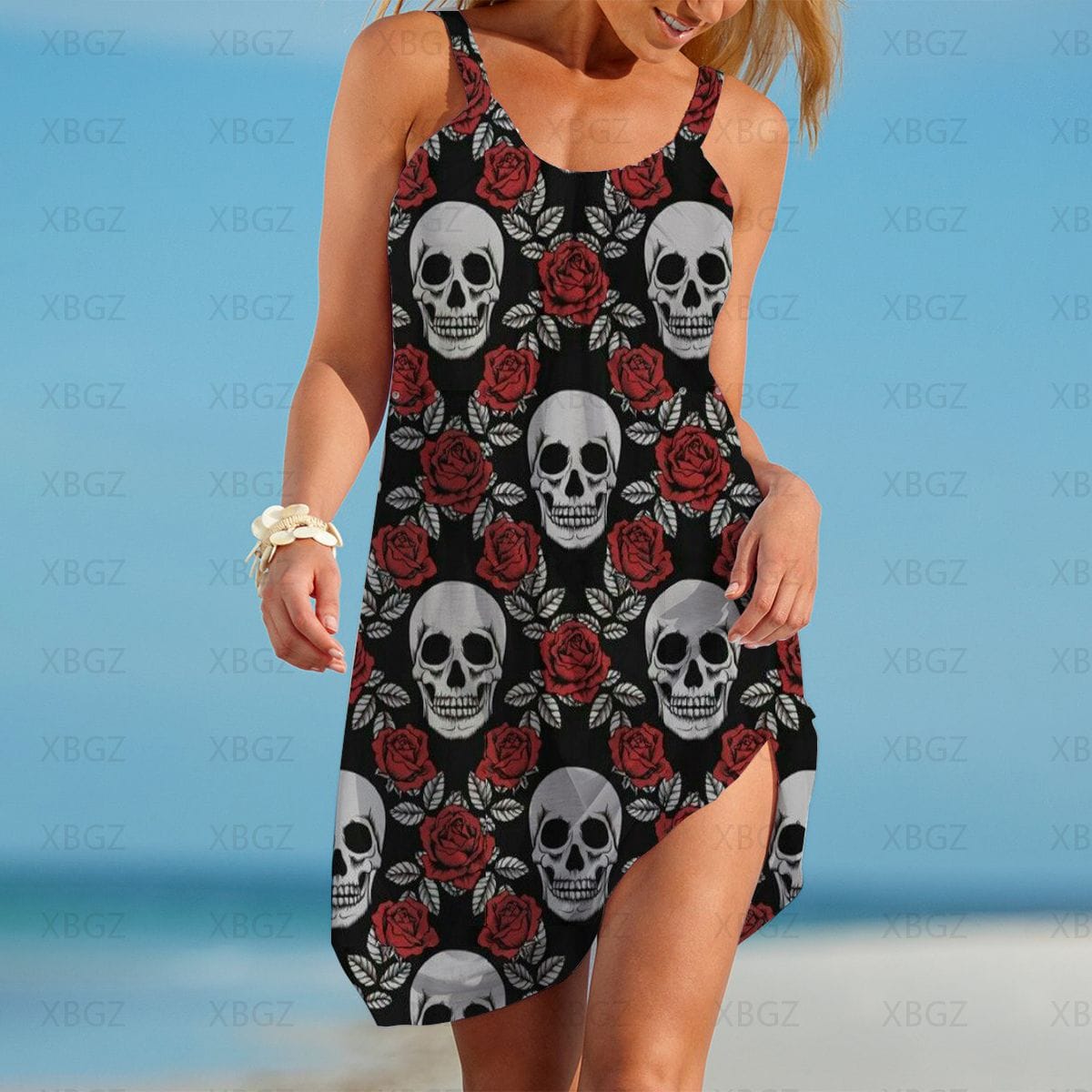 Women’s Gothic Boho Skulls & Red Flowers Beach Cover Up