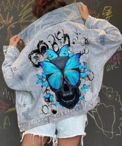 Skull Butterfly Women’s Fashion Long Sleeve Lapel Loose Printed Denim Jacket