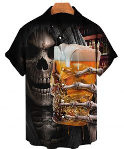 Men’s Loose Breathable Hawaiian Style Skull Beer Short Sleeve Shirt