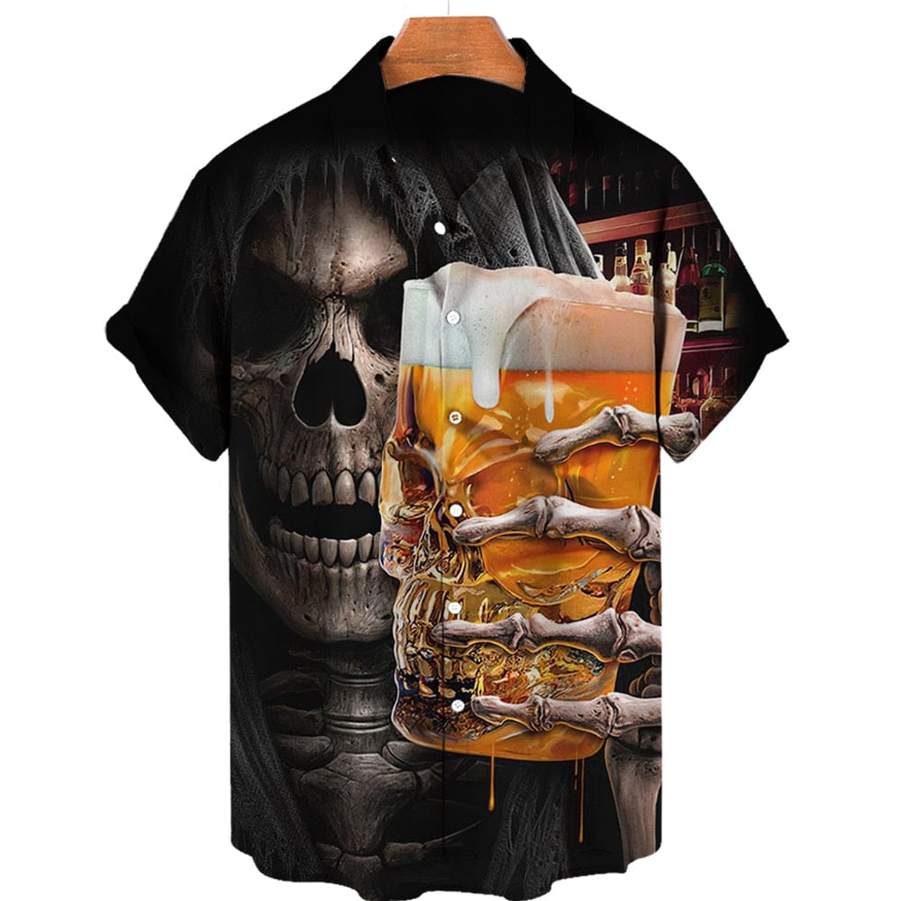 Men’s Loose Breathable Hawaiian Style Skull Beer Short Sleeve Shirt