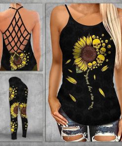 Skull Sunflower Criss-Cross Open Back Camisole Tank Top + Leggings Yoga Set