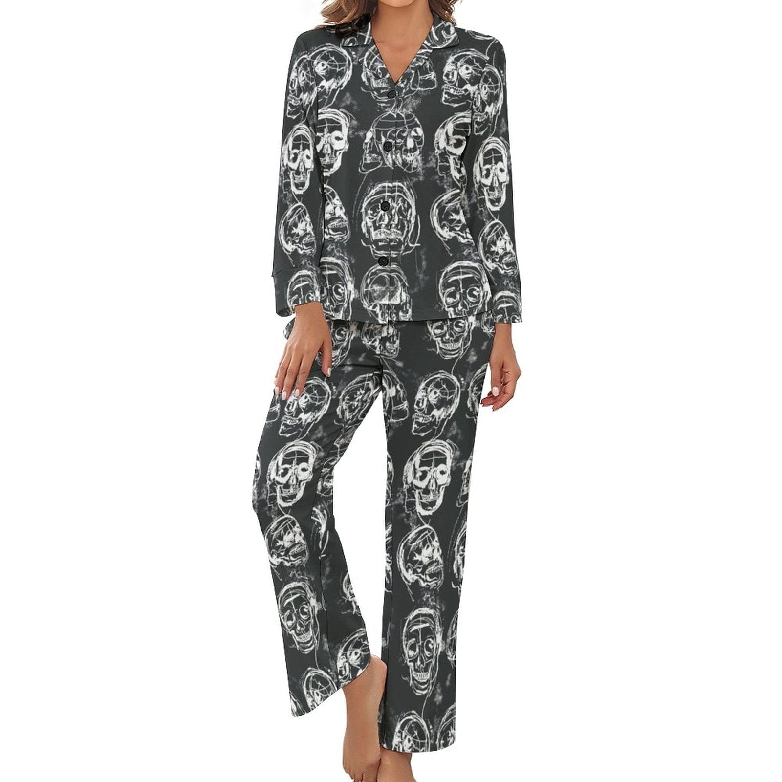 Women’s Gray Skull Long-Sleeve 2 Piece Sleepwear Pajama Set