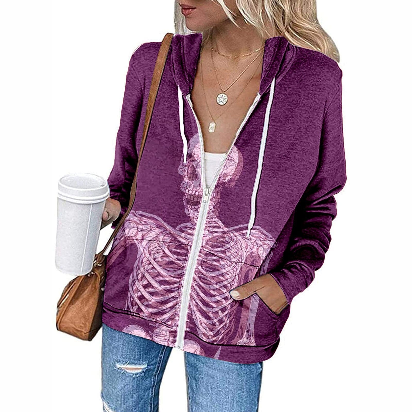 Purple Skeleton Hooded Gothic Long Sleeve Zipper Hoodie