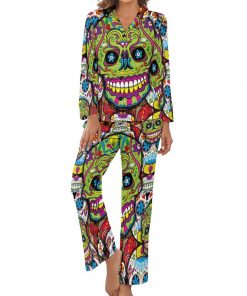 Women’s Green Skull Long-Sleeve 2 Piece Sleepwear Pajama Set