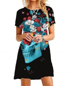 Skull Flower Print Thin Short Sleeve Dress 11 Patterns