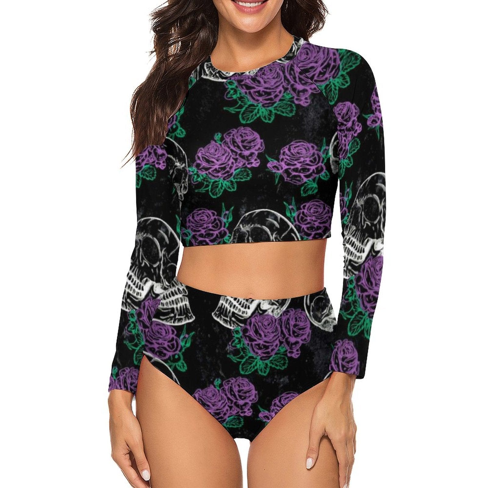 Trendy Sugar Skull Purple Roses Print Retro Bikini Swimsuit 7 Patterns