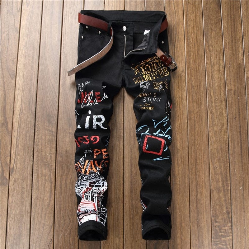 Men’s Goth Jeans With Print Punk Denim Pants