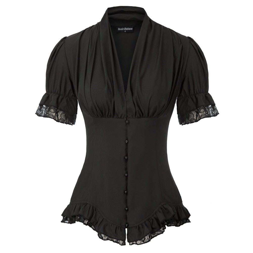 Women’s Pleated Gothic Puff Sleeve V-Neck Steampunk Blouse 4 Colors
