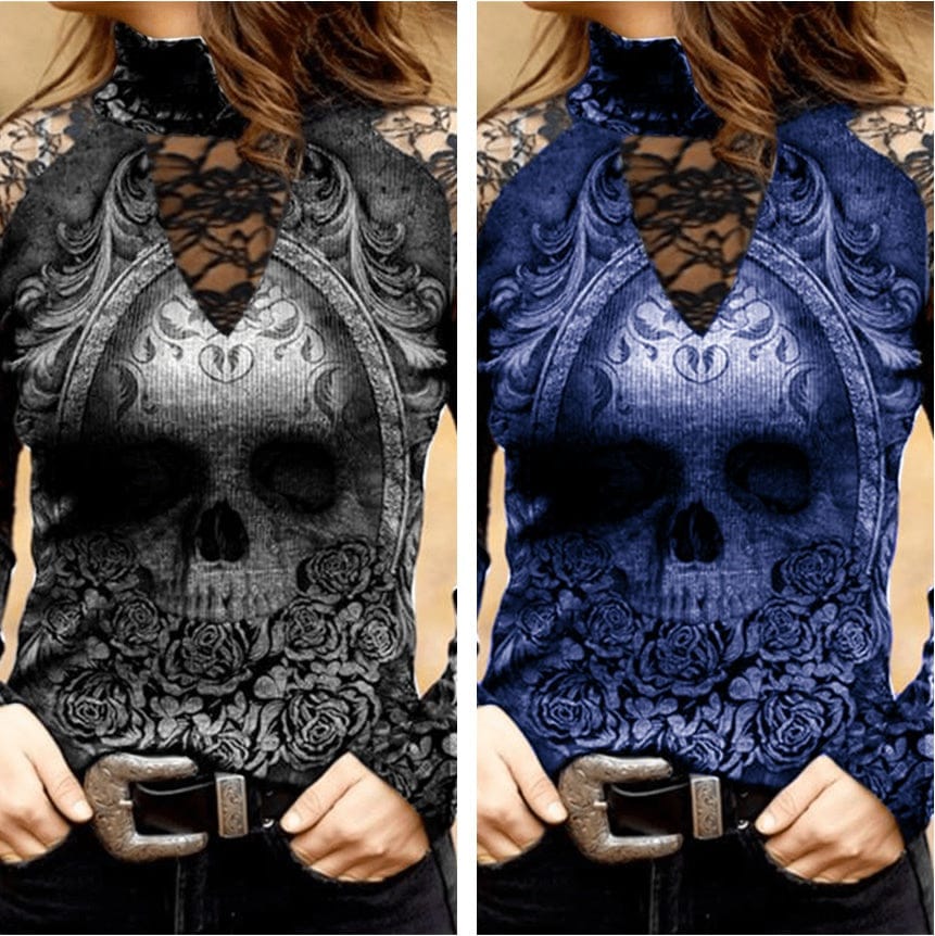 Women’s Turtle Neck Skull Flower Print Gothic Lace Long Sleeve Top