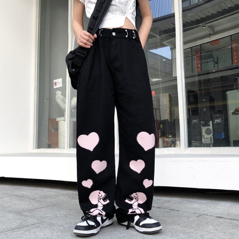 Women’s Pink Skull Heart Print Denim Pants