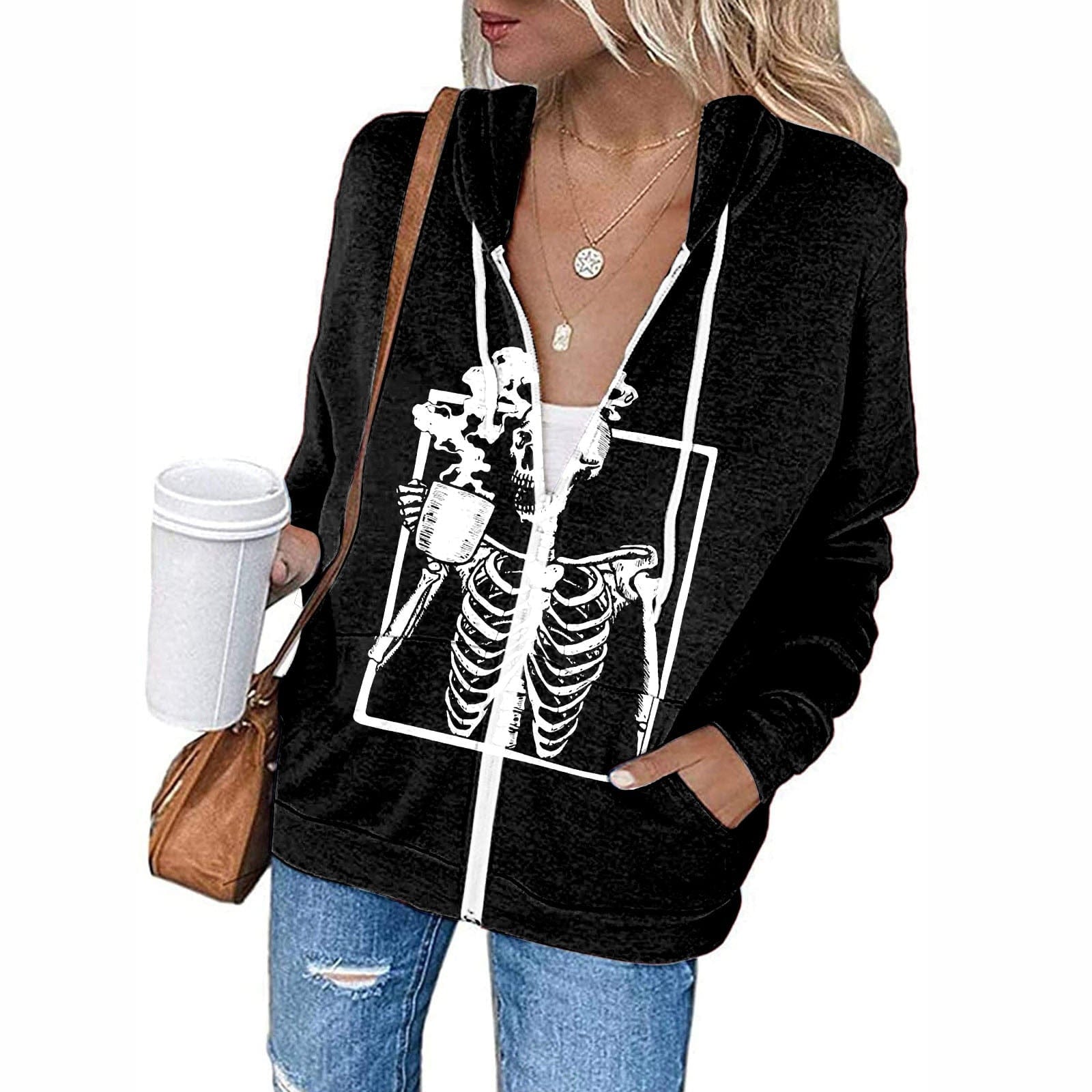 White Skeleton Coffee Hooded Gothic Long Sleeve Zipper Hoodie