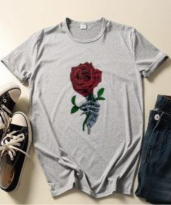 Skull Hand Red Rose Print Women’s Short Sleeve O Neck T-Shirt