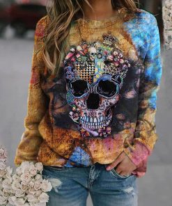 Skull Print Casual O-Neck Gothic Long Sleeve Loose Top
