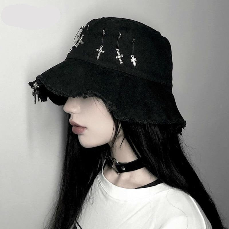 Casual Harajuku Cross Movable Pins Black Bucket Hat For Women