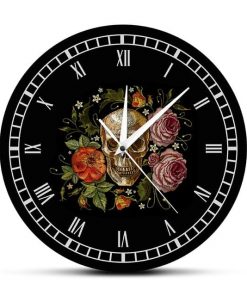 Tattooed Skull Roses Vintage Wall Clock