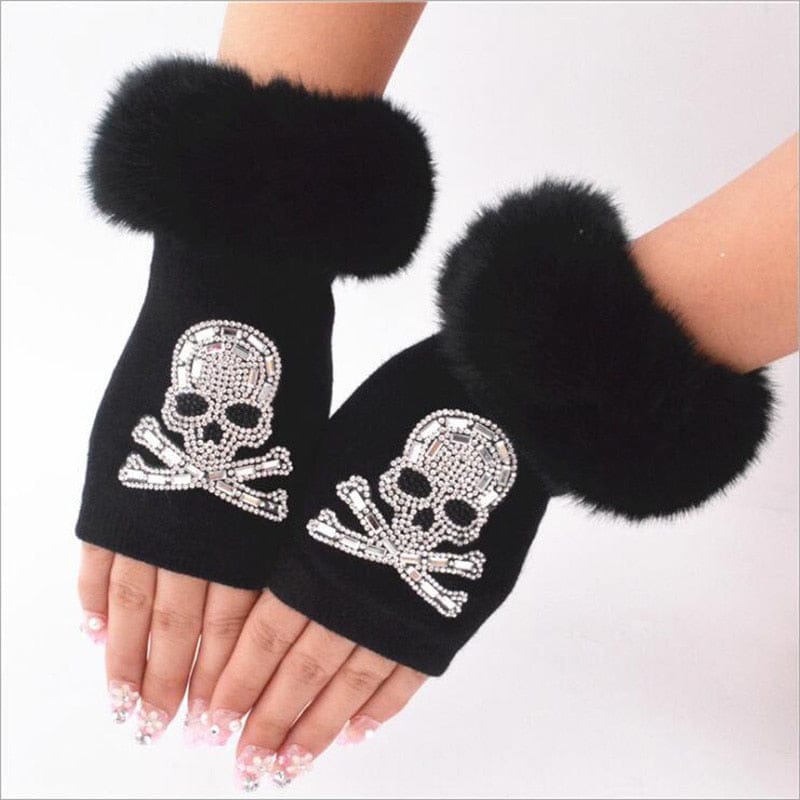 Plush Skull Sequins Finger Less Gloves Short