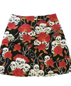 Women’s Black Rose Skull Print Casual High Waist Floral Print Short Skirt