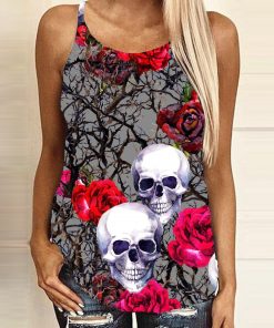 Women’s Gothic Skull And Rose Printed Cross Strap Hollow Out Back Tank Top