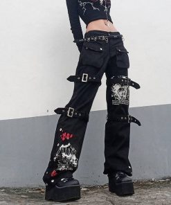 Punk Style Skull Print Black Buckle Gothic Dark Cargo Pants