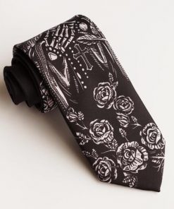 Men’s Original Printing Black White Skull Rose Cross Necktie