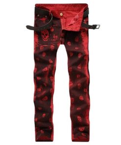 Men’s Red Skull Pattern Print Slim Fit Biker Jeans