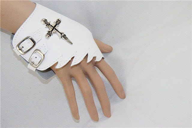 Punk Style Cross Skull Half Palm Black And White Fingerless Gloves