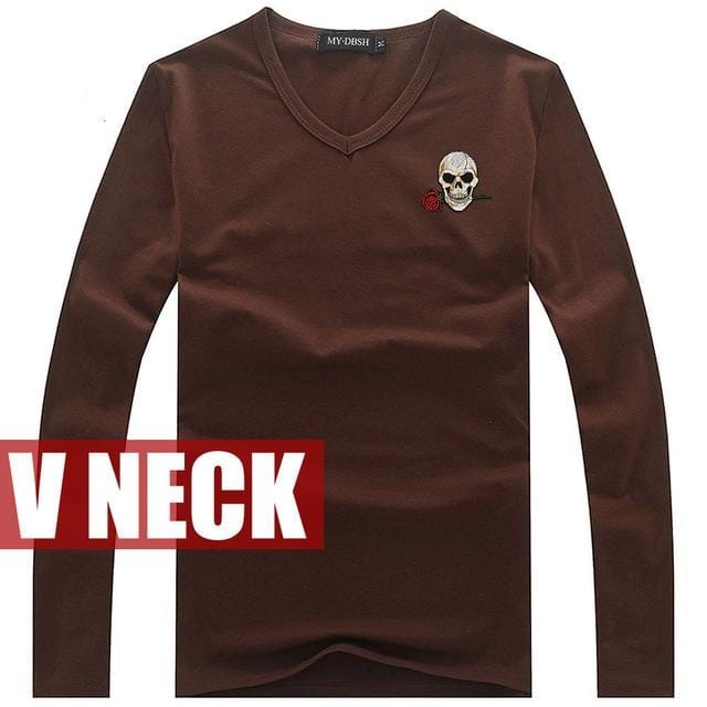 Skull Embroidery  Long Sleeve V Neck Casual T-Shirt