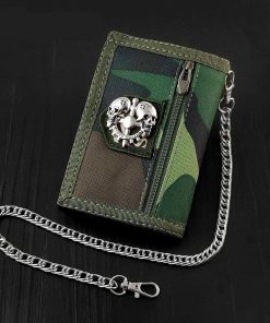 Skull Canvas Trifold Card Holder Wallet With safe Chain