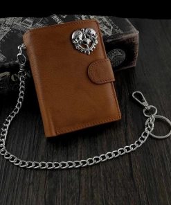 Men’s Genuine Leather Snap Skull Biker Wallet with Safe Chain