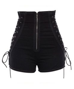 Women Casual Gothic High Waist Zipper Black Shorts