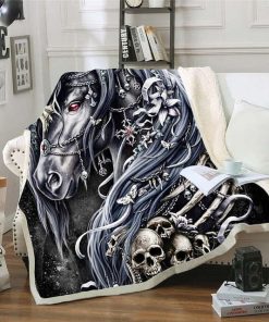 Skull & Horse Plush Gothic Black White Mystic Blanket