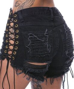 Women Casual Gothic Lace Up Hollow Side Black Shorts