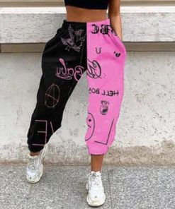 Women’s Casual Black & Pink Letter Print Elastic Waist Pocket Wide Leg Pants